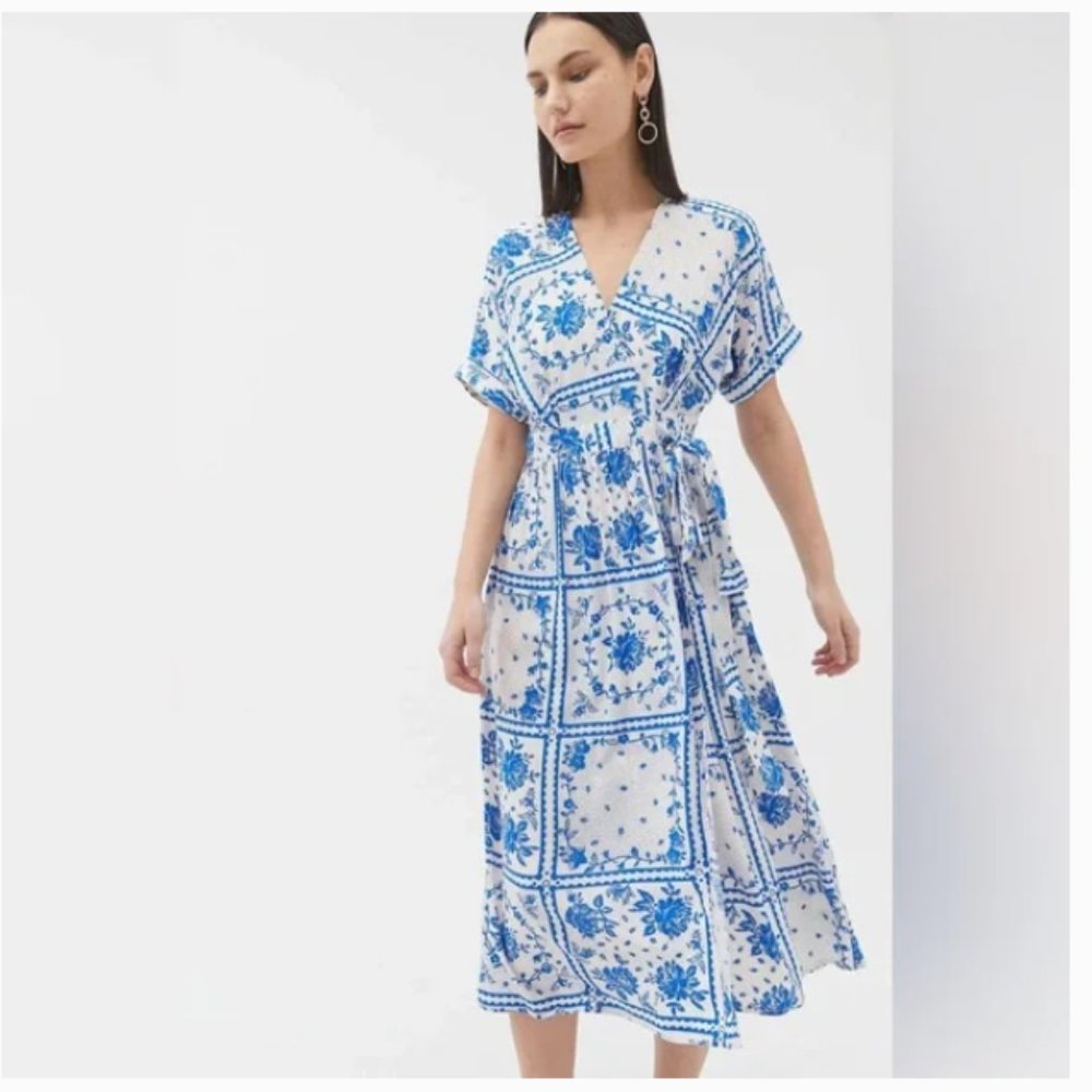 Urban Outfitters White and Blue Tile-Print Wrap Midi Dress